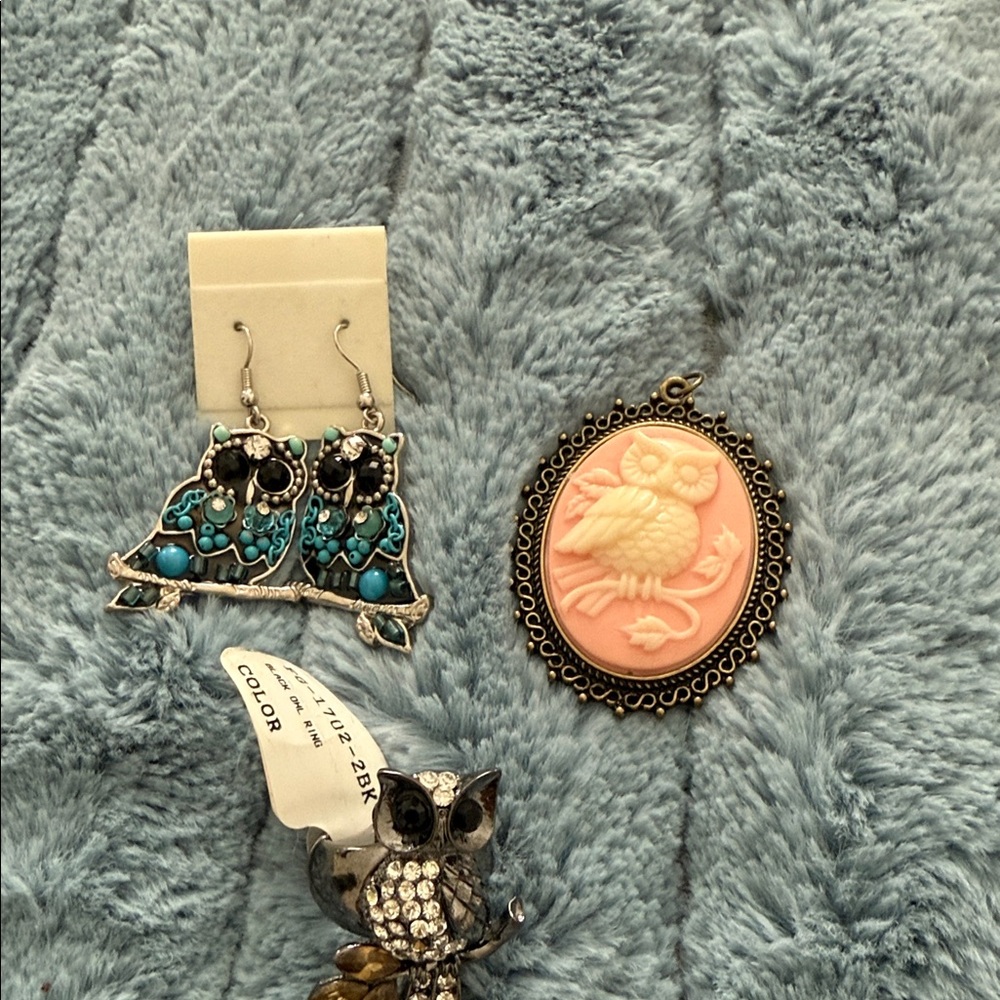 Owl Earrings and ring and pendant set
